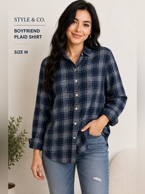 STYLE & CO boyfriend plaid blue long sleeve navy blue -white button down shirt/M